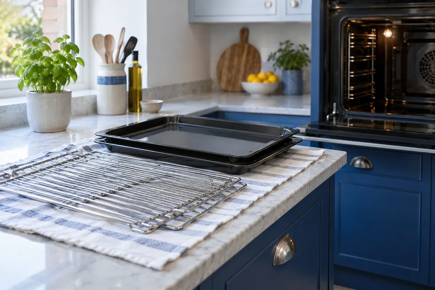 Removable oven trays and shelves on a worktop — illustrative photograph
