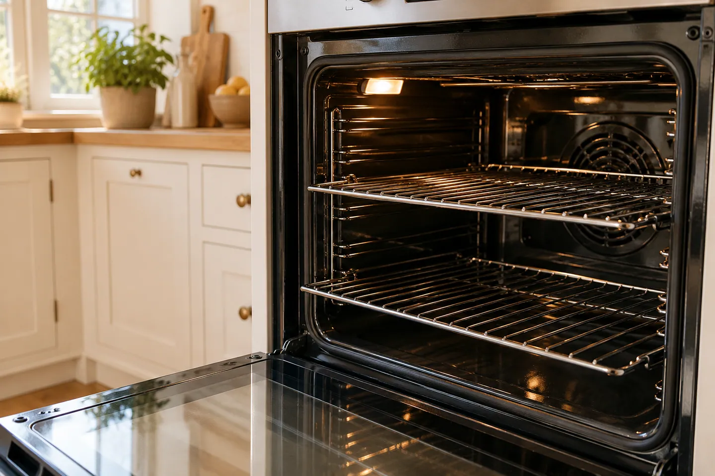 Enamel oven interior and wire shelves — illustrative photograph