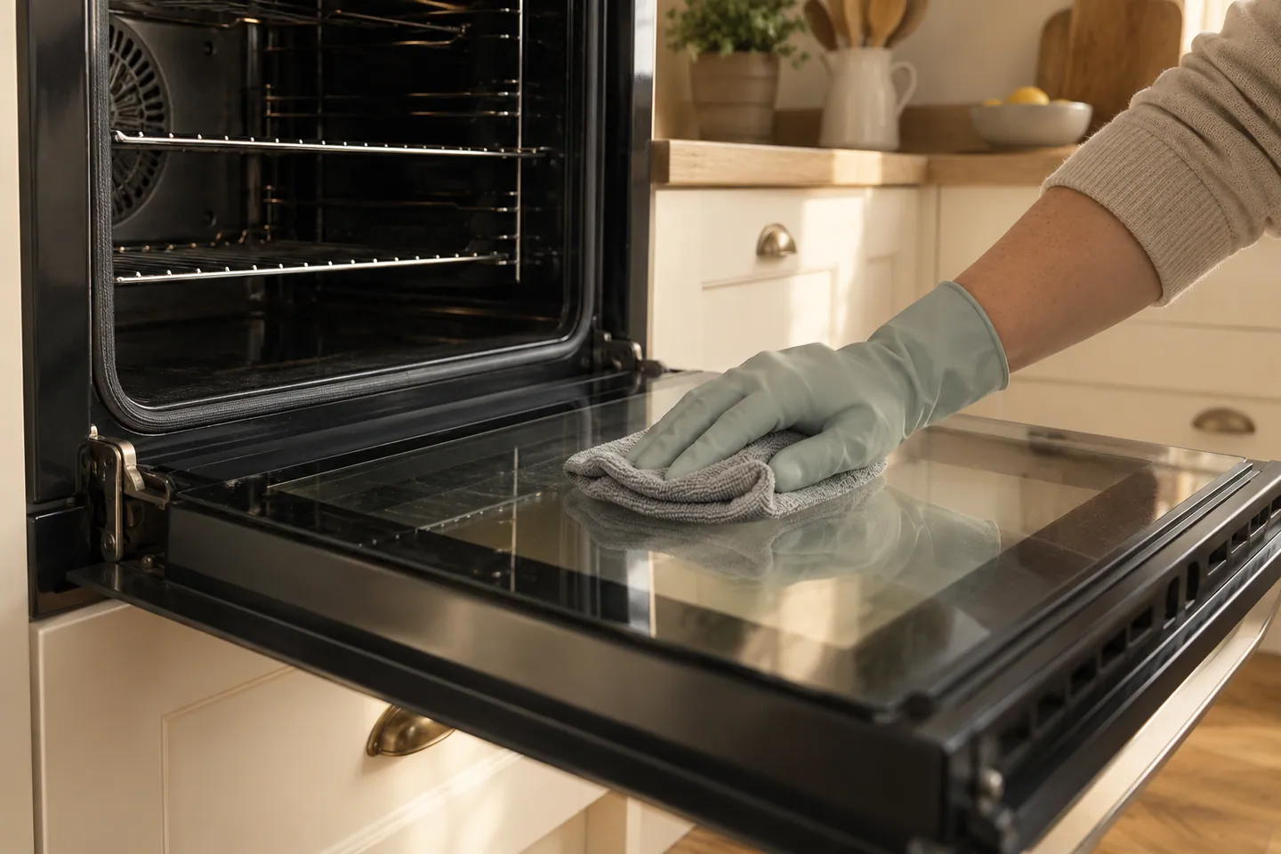 Cleaning the glass of an open oven door — illustrative photograph