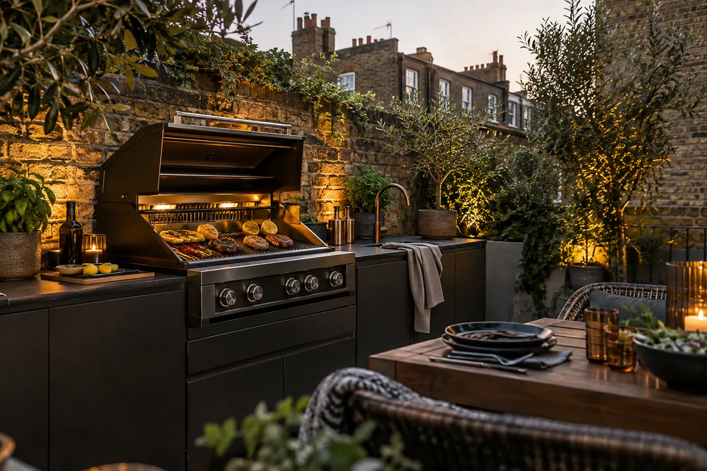 Open barbecue on a brick terrace — AI-generated illustration