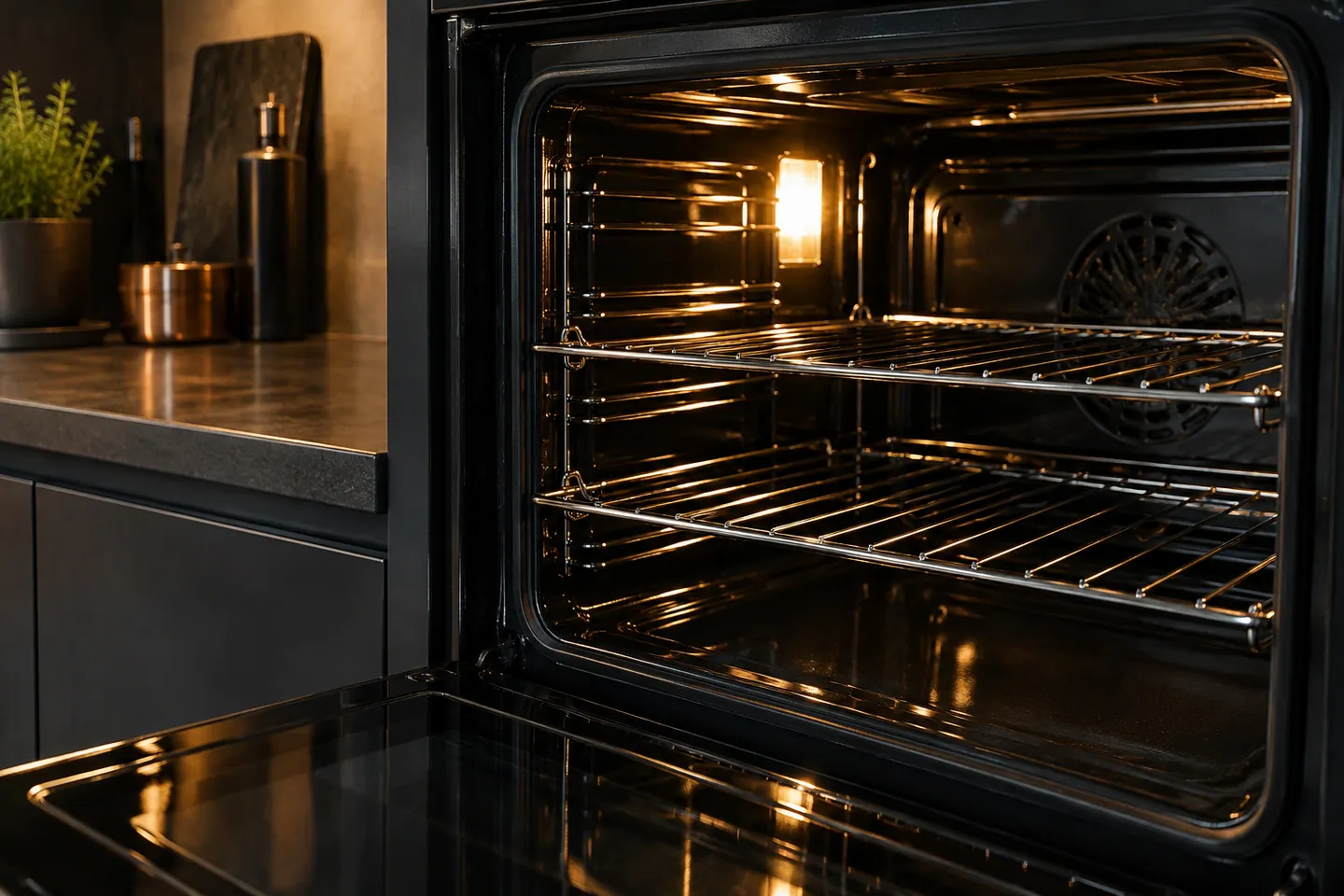 Close view of oven racks and black enamel — AI-generated illustration
