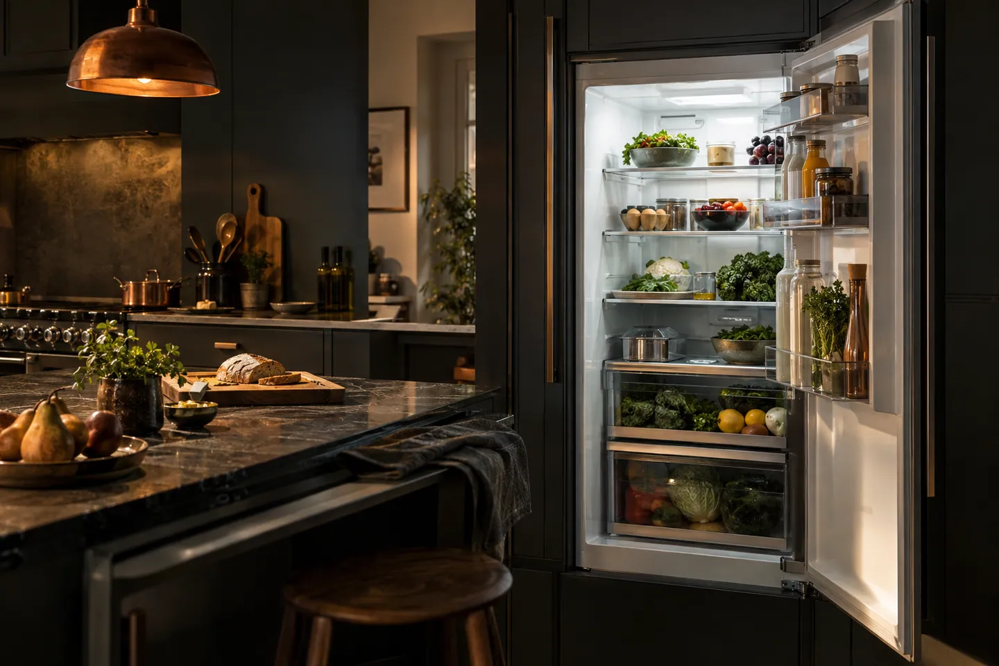 Clean domestic fridge with open door — AI-generated illustration