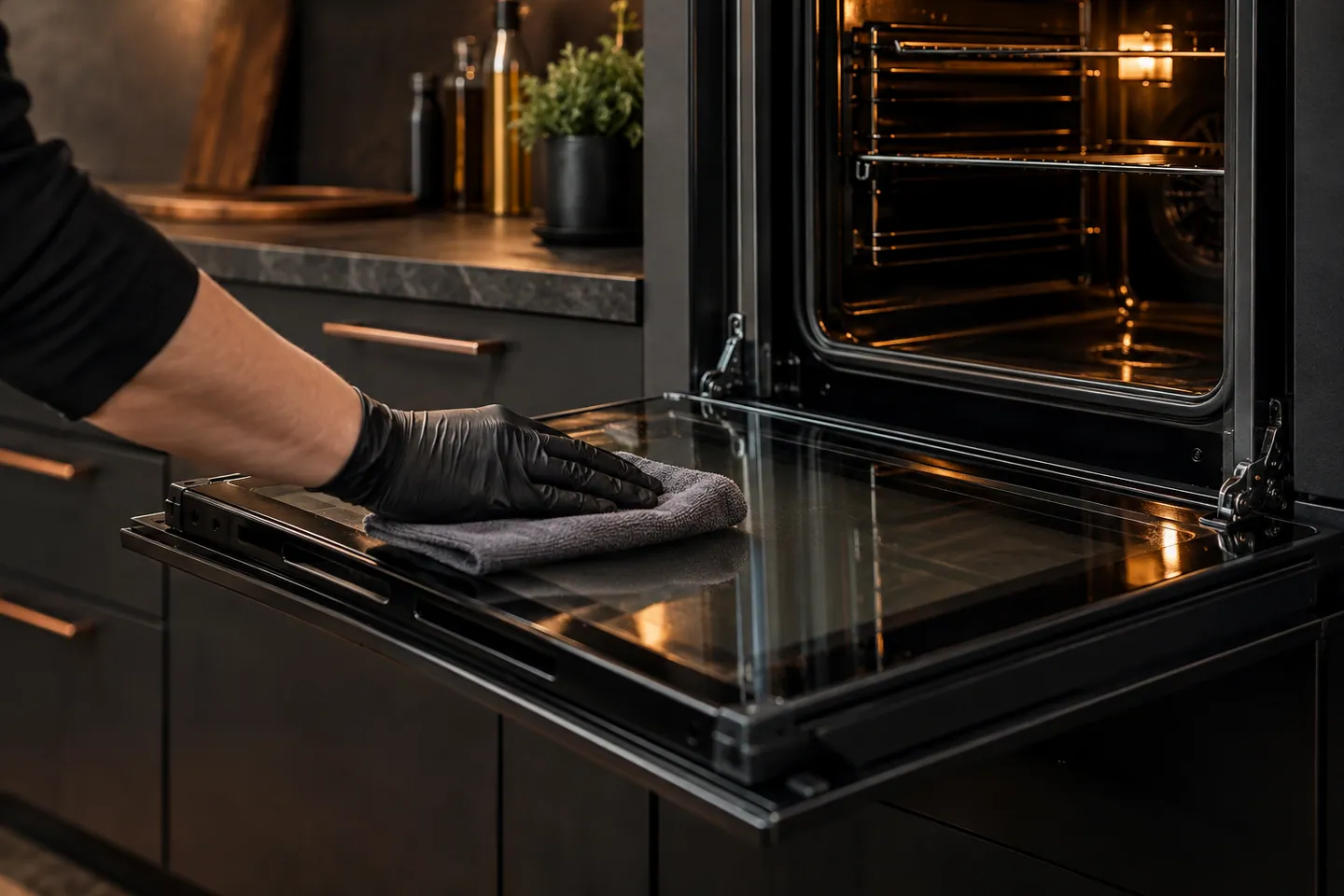 Illustrative gloved hand polishing oven glass — AI-generated illustration