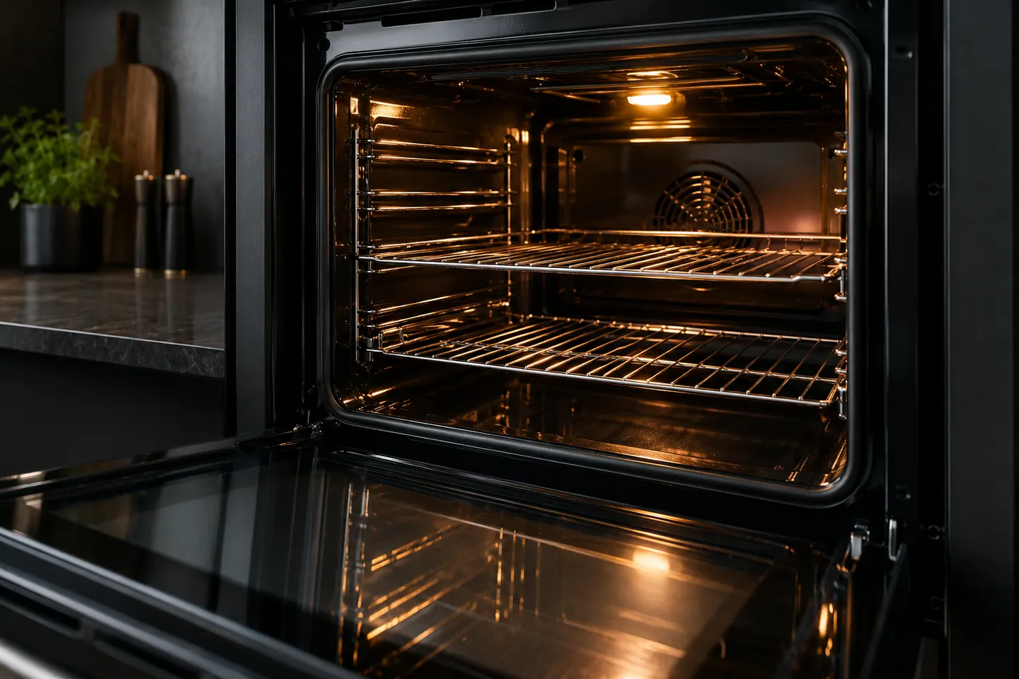Open oven interior with steel racks and door glass — AI-generated illustration