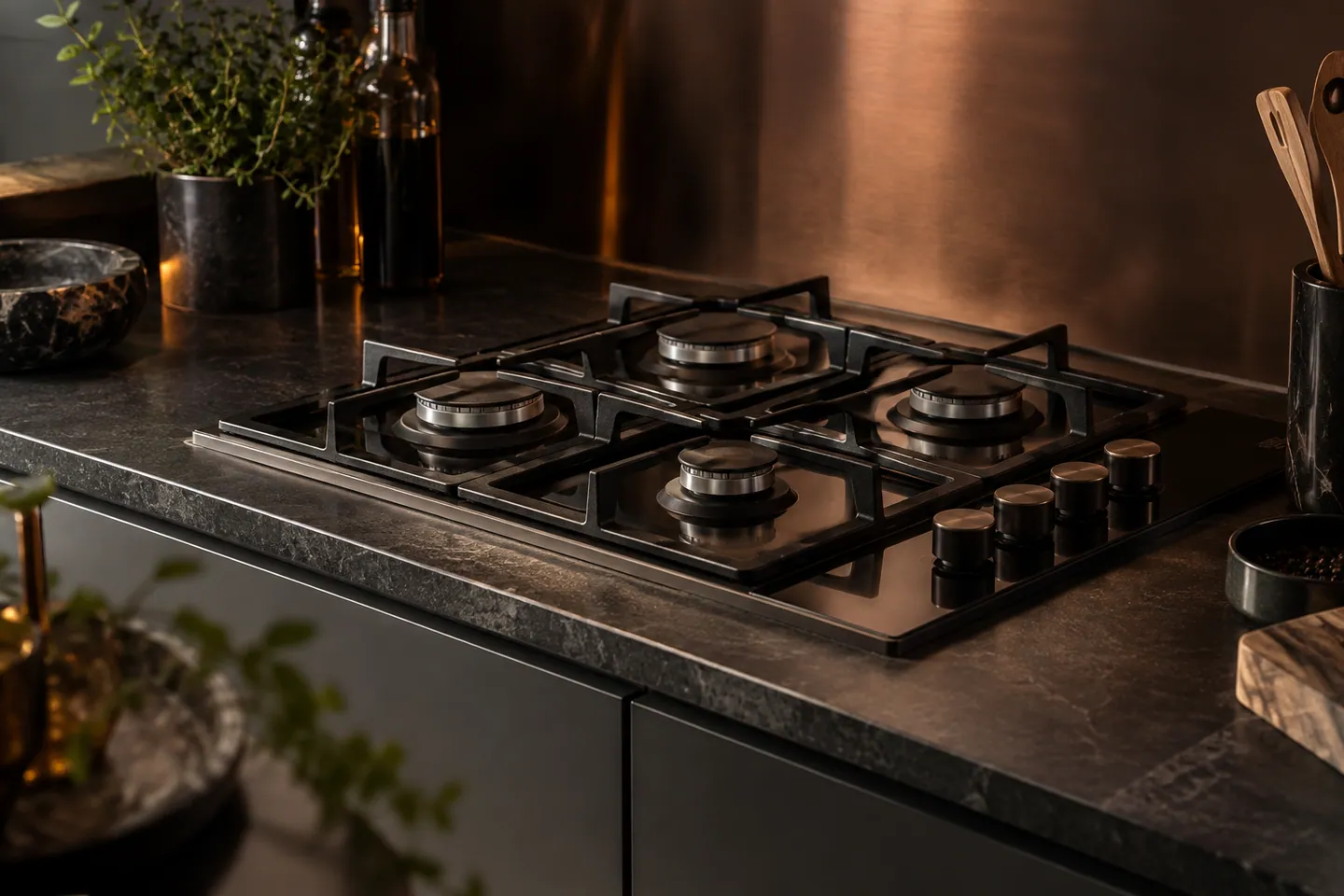 Gas hob with clean burner caps and pan supports — AI-generated illustration