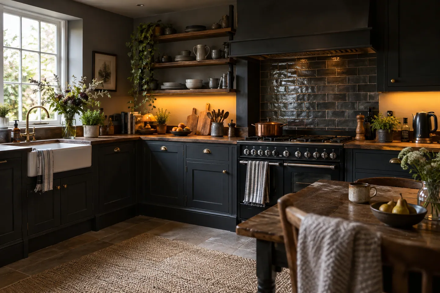 British kitchen with tiled splashback and oven — AI-generated illustration