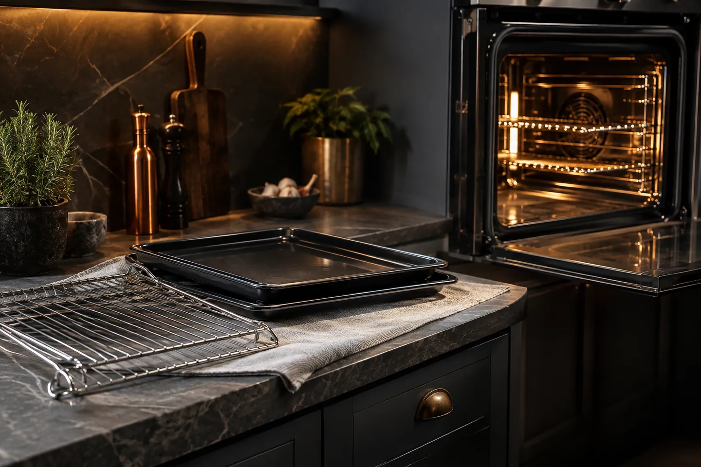 Removable oven racks and trays on a protected worktop — AI-generated illustration
