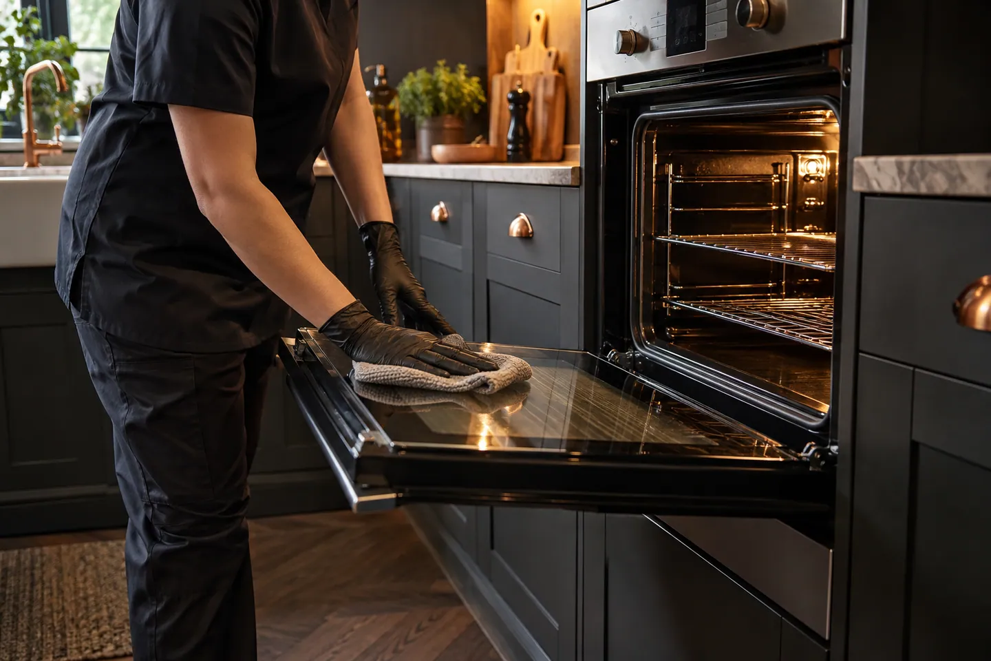 Illustrative cleaner wiping an oven door — AI-generated illustration